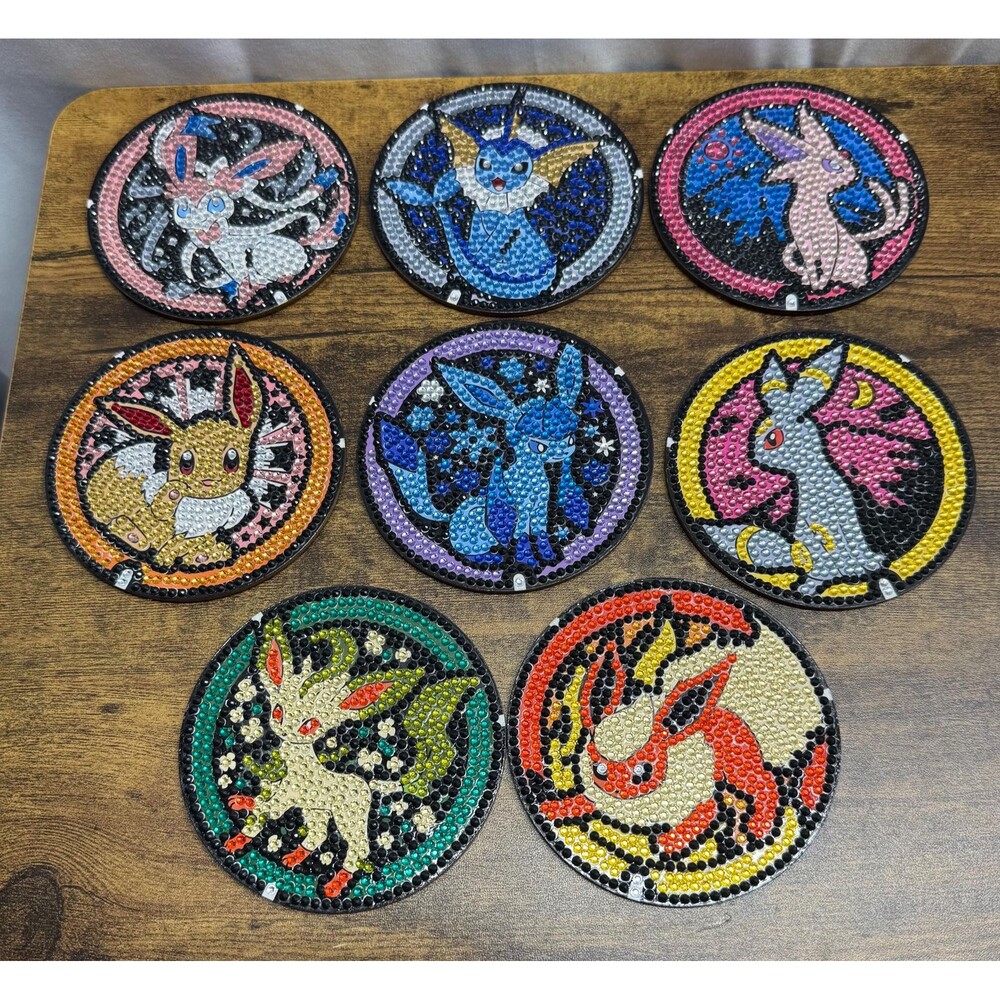 Set Of 8 Evolution Of Eevee Pokémon Finished Diamond Coasters With Holder